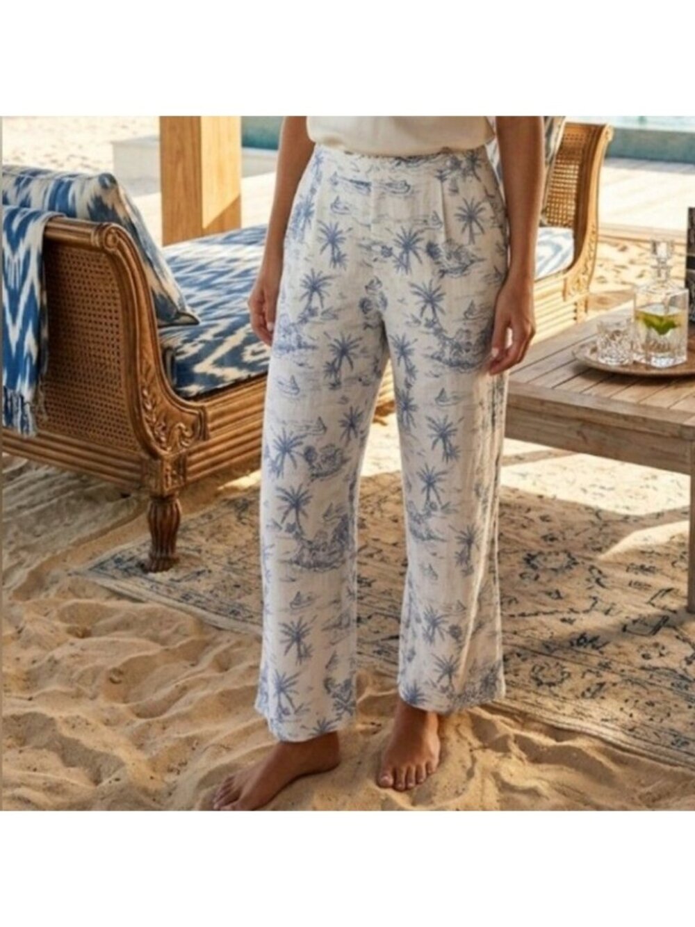 Martha Stewart Tropical Linen Wide Leg Pants Blue White XL NWOT